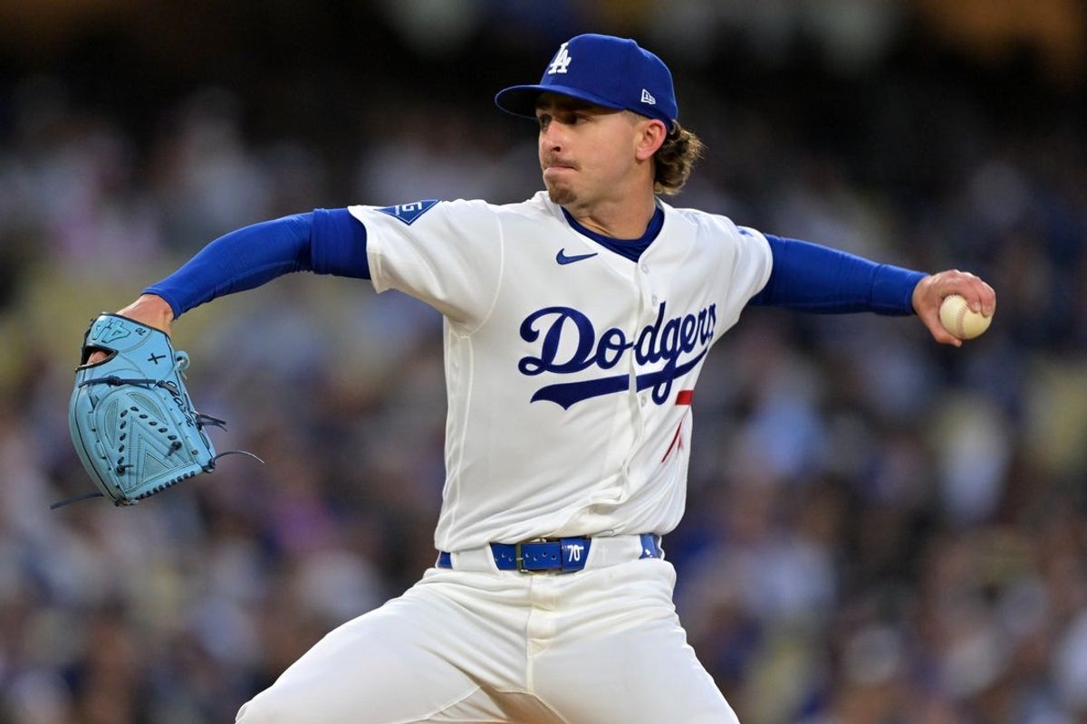 Apr 13, 2026; Los Angeles, California, USA; Los Angeles Dodgers pitcher Justin Wrobleski (70) throws a pitch against the New York Mets during the first inning at Dodger Stadium. Mandatory Credit: Jayne Kamin-Oncea-Imagn Images