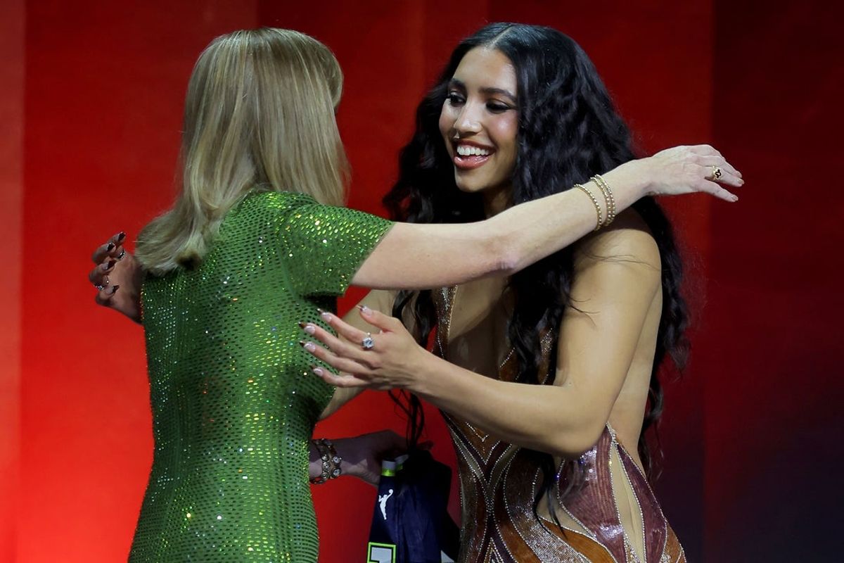 Apr 13, 2026; New York, NY, USA; WNBA Commissioner Cathy Engelbert (left) hugs Azzi Fudd who was selected first overall by the Dallas Wings during the 2026 WNBA Draft at The Shed at Hudson Yards. Mandatory Credit: Brad Penner-Imagn Images