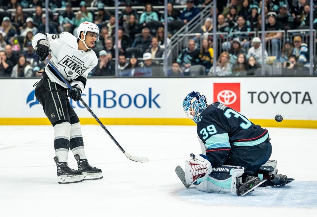 Apr 13, 2026; Seattle, Washington, USA; Los Angeles Kings forward Quinton Byfield (55) scores a goal against Seattle Kraken goalie Nikke Kokko (39) during the first period at Climate Pledge Arena. Mandatory Credit: Stephen Brashear-Imagn Images