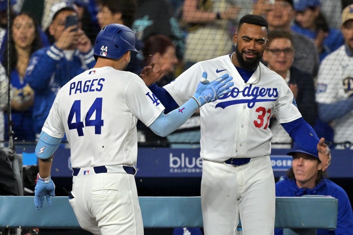 Apr 13, 2026; Los Angeles, California, USA; Los Angeles Dodgers center fielder Andy Pages (44) reacts with right fielder Teoscar Hernandez (37). After hitting a three run home run against the New York Mets during the third inning at Dodger Stadium. Mandatory Credit: Jayne Kamin-Oncea-Imagn Images