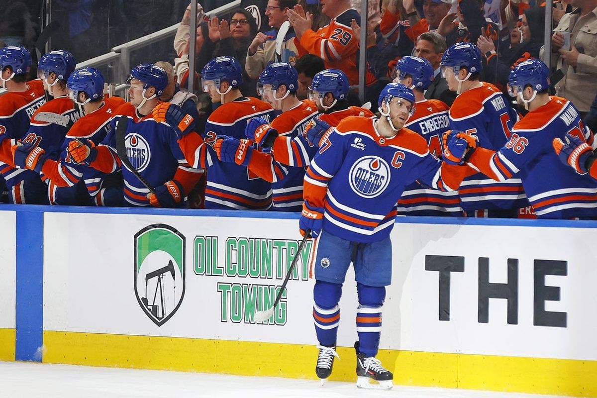 Apr 13, 2026; Edmonton, Alberta, CAN;  The Edmonton Oilers celebrate a goal scored by forward Connor McDavid (97) during the second period against the Colorado Avalanche.Rogers Place. Mandatory Credit: Perry Nelson-Imagn Images
