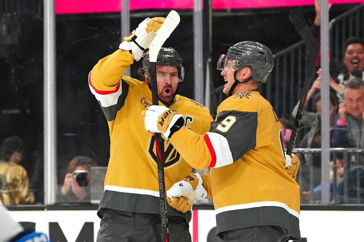 Apr 13, 2026; Las Vegas, Nevada, USA; Vegas Golden Knights right wing Mark Stone (61) celebrates with center Jack Eichel (9) after scoring a goal against the Winnipeg Jets during the second period at T-Mobile Arena. Mandatory Credit: Stephen R. Sylvanie-Imagn Images