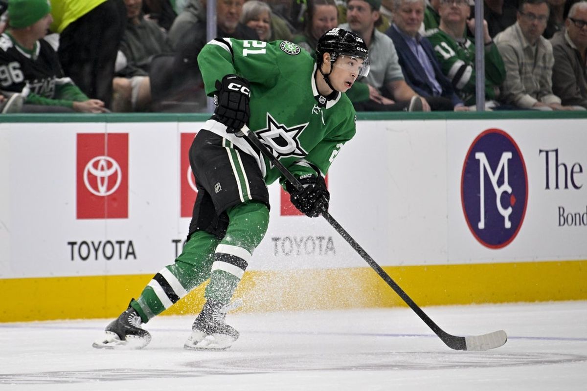 Apr 9, 2026; Dallas, Texas, USA; Dallas Stars left wing Jason Robertson (21) skates against the Minnesota Wild during the game between the Stars and the Wild at American Airlines Center. Mandatory Credit: Jerome Miron-Imagn Images