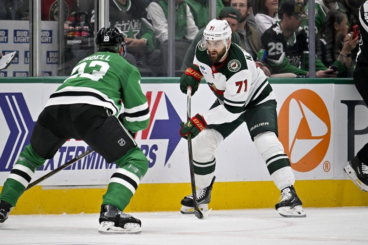 Apr 9, 2026; Dallas, Texas, USA; Minnesota Wild left wing Nick Foligno (71) skates against the Dallas Stars during the game between the Stars and the Wild at American Airlines Center. Mandatory Credit: Jerome Miron-Imagn Images