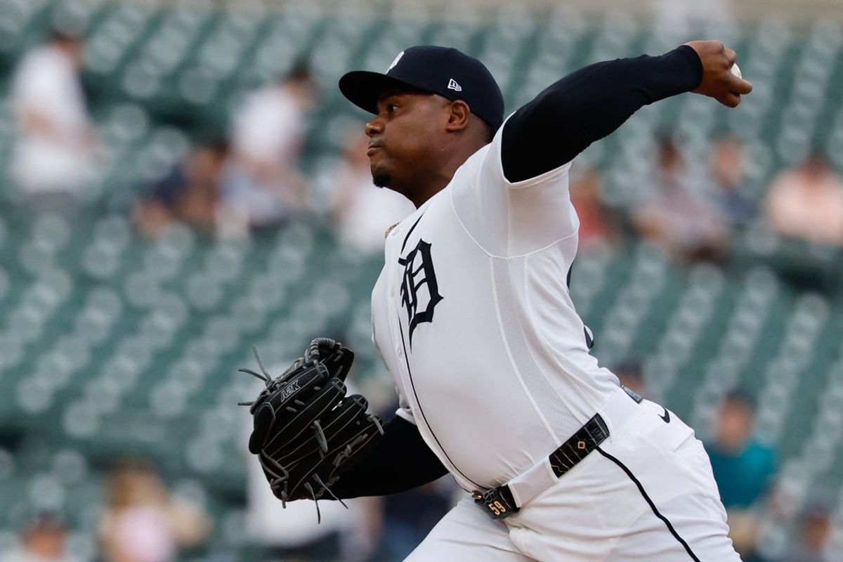 Apr 14, 2026; Detroit, Michigan, USA;  Detroit Tigers pitcher Framber Valdez (59) pitches in the first inning against the Kansas City Royals at Comerica Park. Mandatory Credit: Rick Osentoski-Imagn Images