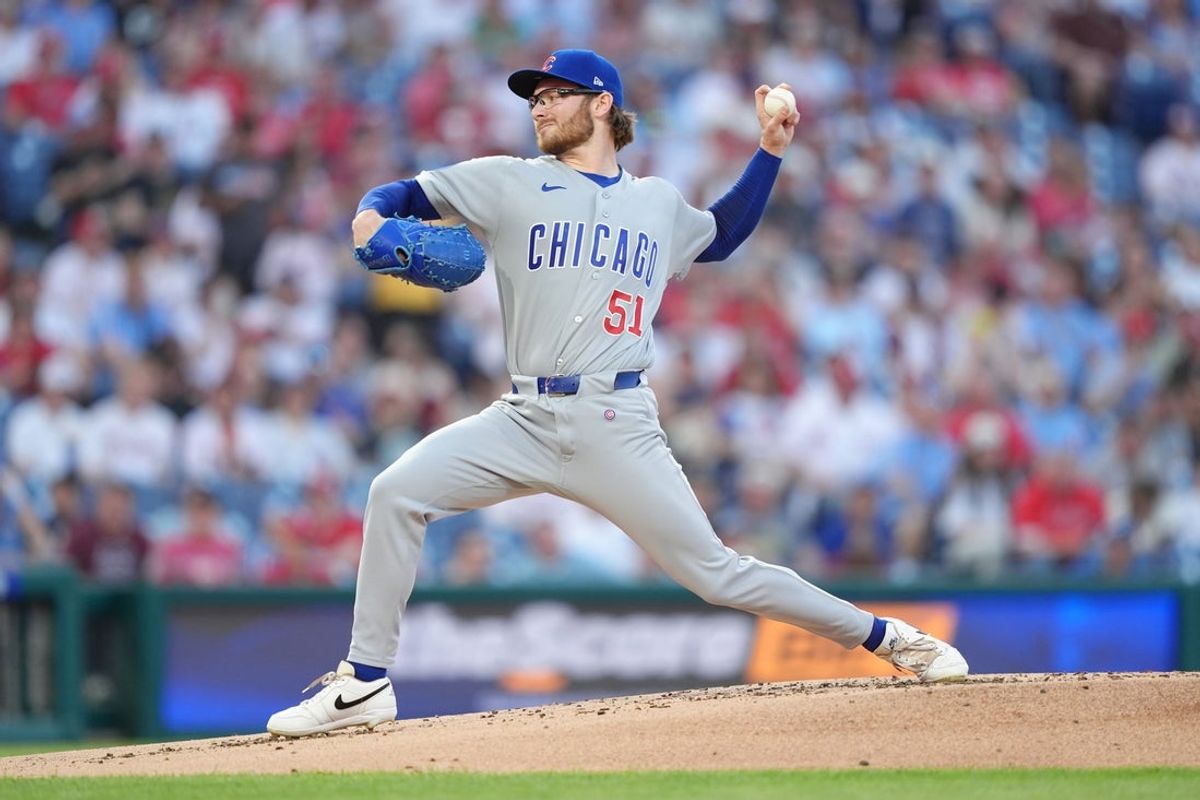 Apr 14, 2026; Philadelphia, Pennsylvania, USA; Chicago Cubs relief pitcher Riley Martin (51) throws a pitch against the Philadelphia Phillies in the first inning at Citizens Bank Park. Mandatory Credit: Kyle Ross-Imagn Images