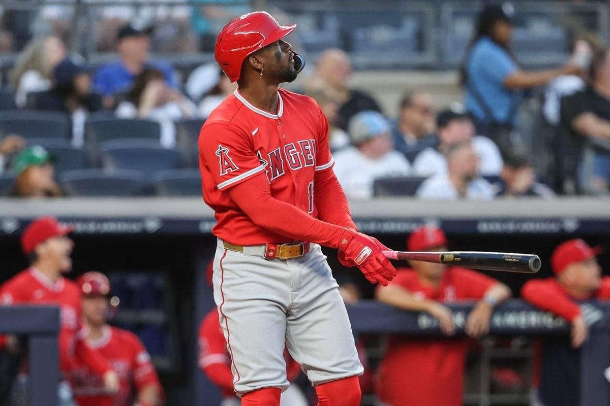 Apr 14, 2026; Bronx, New York, USA; Los Angeles Angels designated hitter Jorge Soler (12) hits a solo home run in the first inning against the New York Yankees at Yankee Stadium. Mandatory Credit: Wendell Cruz-Imagn Images