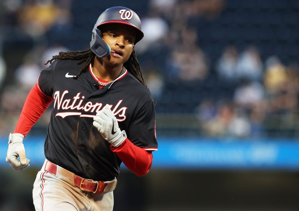 Apr 14, 2026; Pittsburgh, Pennsylvania, USA;  Washington Nationals shortstop CJ Abrams (5) circles the bases on a solo home run against the Pittsburgh Pirates during the third inning at PNC Park. Mandatory Credit: Charles LeClaire-Imagn Images