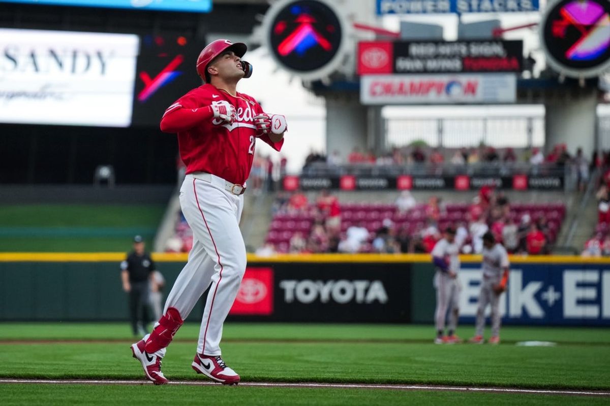 Apr 14, 2026; Cincinnati, Ohio, USA;  Cincinnati Reds third baseman Sal Stewart (27) runs the bases after hitting a solo home run against the San Francisco Giants in the fourth inning at Great American Ball Park. Mandatory Credit: Aaron Doster-Imagn Images