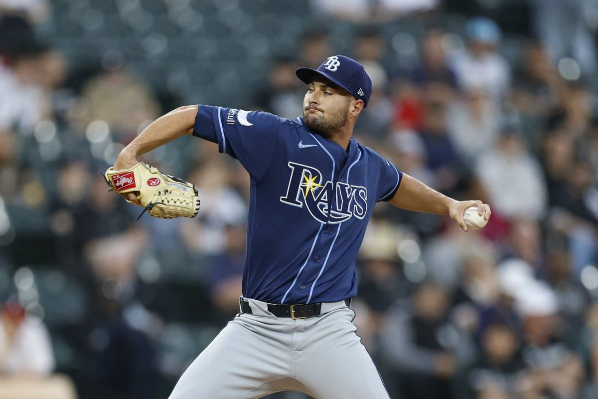Apr 14, 2026; Chicago, Illinois, USA; Tampa Bay Rays starting pitcher Shane McClanahan (18) delivers a pitch against the Chicago White Sox during the first inning at Rate Field. Mandatory Credit: Kamil Krzaczynski-Imagn Images