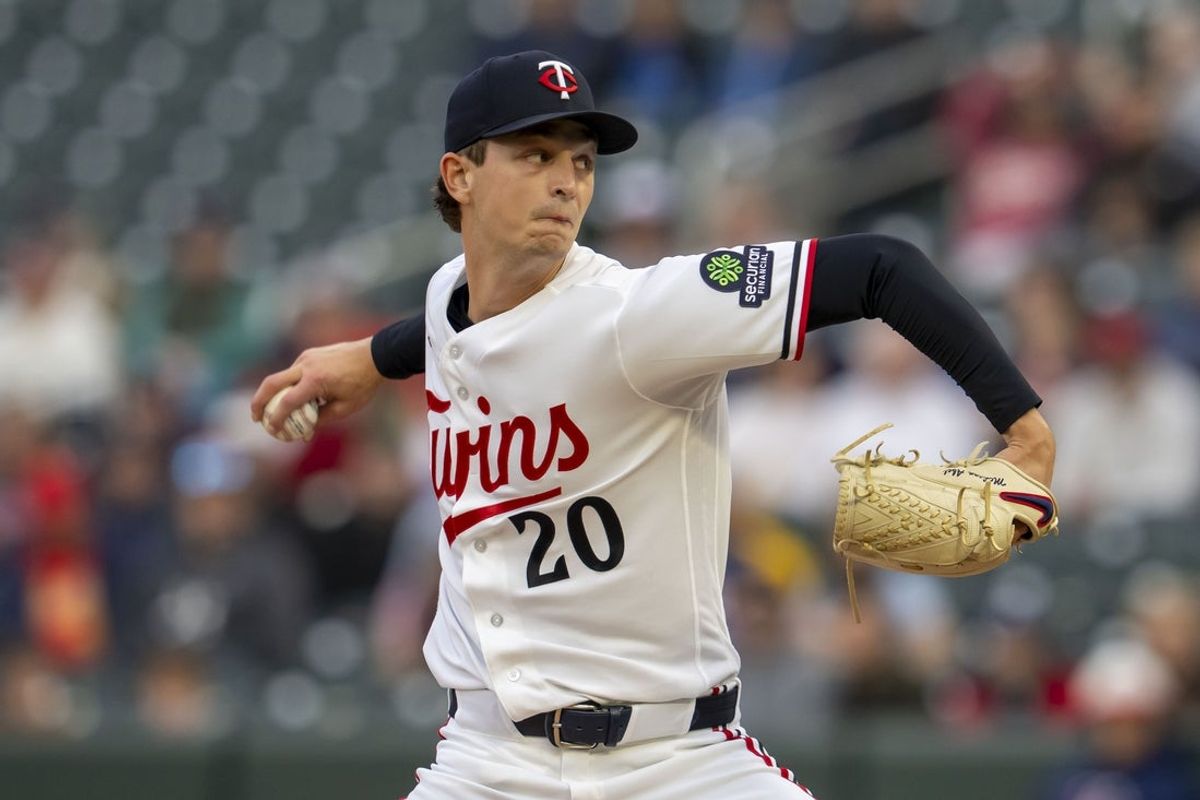 Apr 14, 2026; Minneapolis, Minnesota, USA; Minnesota Twins starting pitcher Mick Abel (20) delivers a pitch against the Boston Red Sox in the first inning at Target Field. Mandatory Credit: Jesse Johnson-Imagn Images