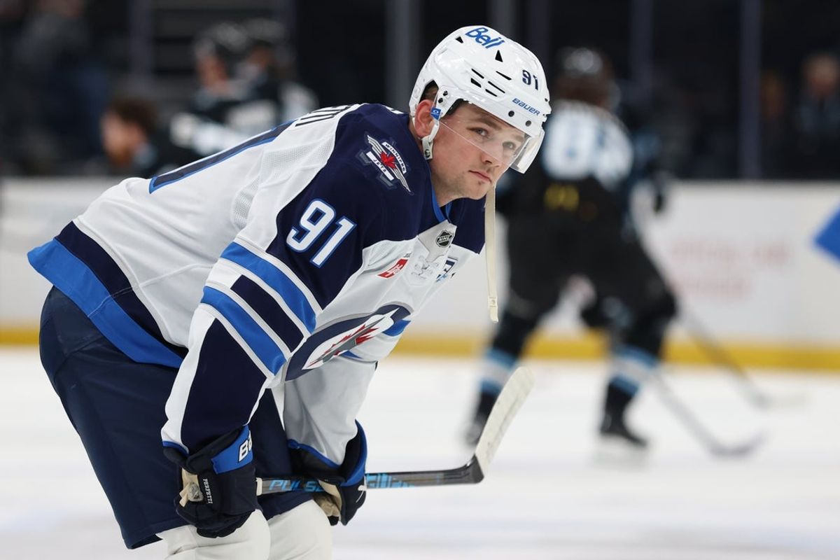 Apr 14, 2026; Salt Lake City, Utah, USA; Winnipeg Jets center Cole Perfetti (91) warms up before a game against the Utah Mammoth at Delta Center. Mandatory Credit: Rob Gray-Imagn Images