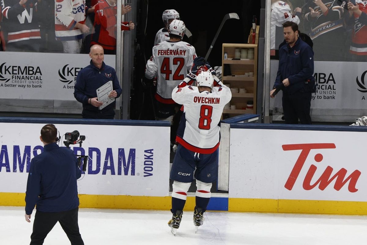 Apr 14, 2026; Columbus, Ohio, USA; Washington Capitals left wing Alex Ovechkin (8) salutes the fans as he leaves the ice after the game against the Columbus Blue Jackets at Nationwide Arena. Mandatory Credit: Russell LaBounty-Imagn Images