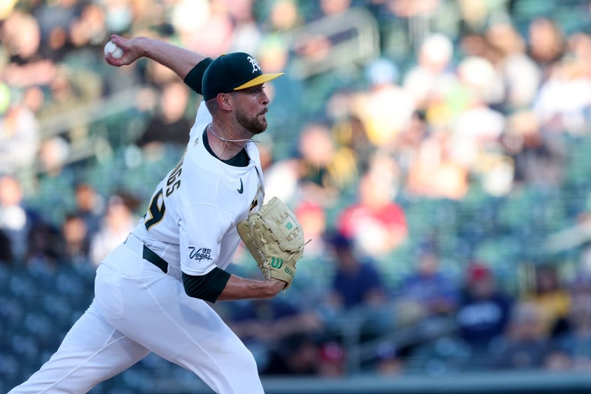 Apr 14, 2026; West Sacramento, California, USA; Athletics starting pitcher Jeffrey Springs (59) delivers a pitch against the Texas Rangers during the first inning at Sutter Health Park. Mandatory Credit: Dennis Lee-Imagn Images