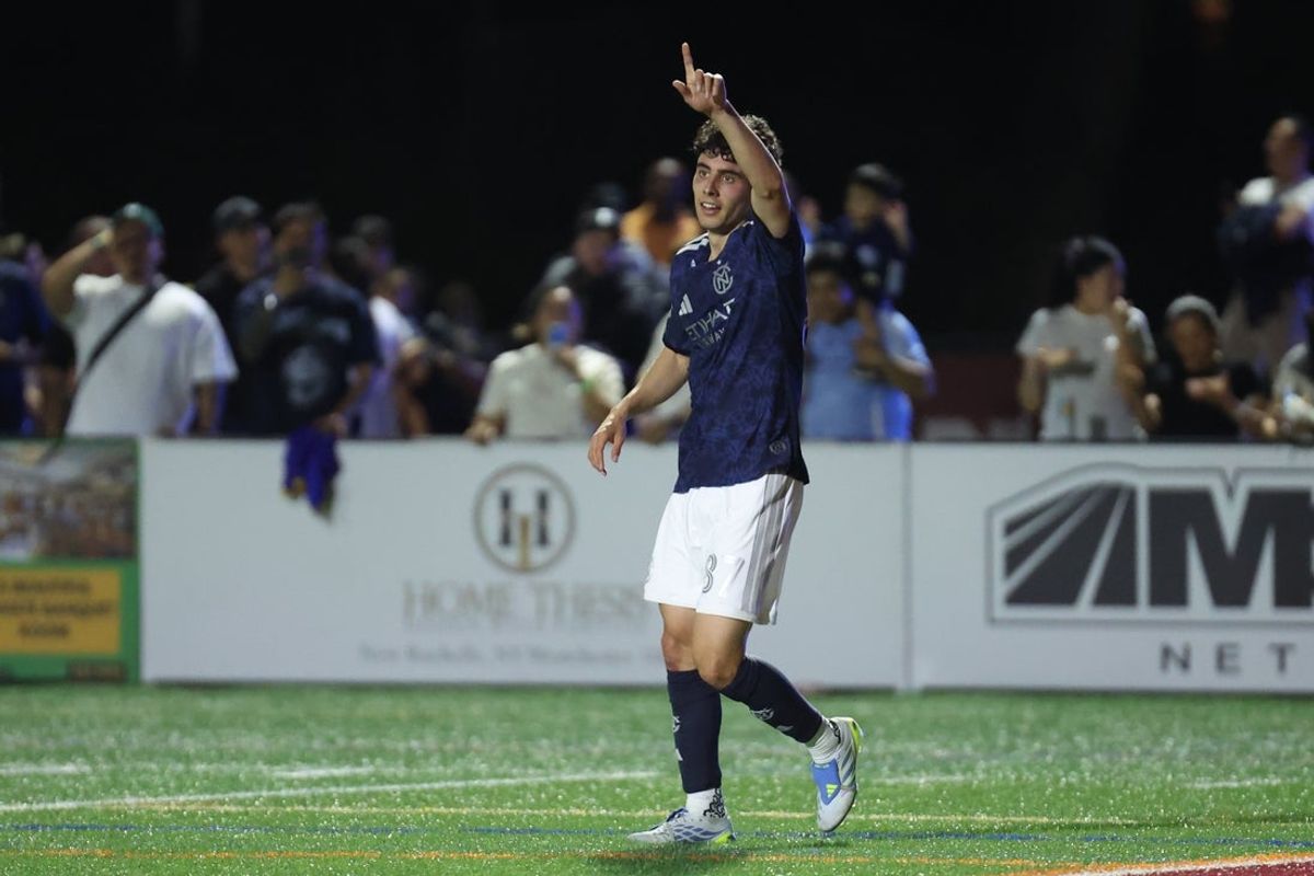 Apr 14, 2026; Mount Vernon, NY, USA; New York City Football Club midfielder Arnau Farnos (87) reacts after scoring a goal against the Westchester SC during the first half of the US Open Cup at Mount Vernon Memorial Field. Mandatory Credit: Thomas Salus-Imagn Images