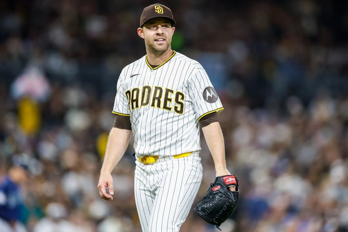 Apr 14, 2026; San Diego, California, USA; San Diego Padres starting pitcher Michael King (34) walks off the field during the fifth inning against the Seattle Mariners at Petco Park. Mandatory Credit: David Frerker-Imagn Images
