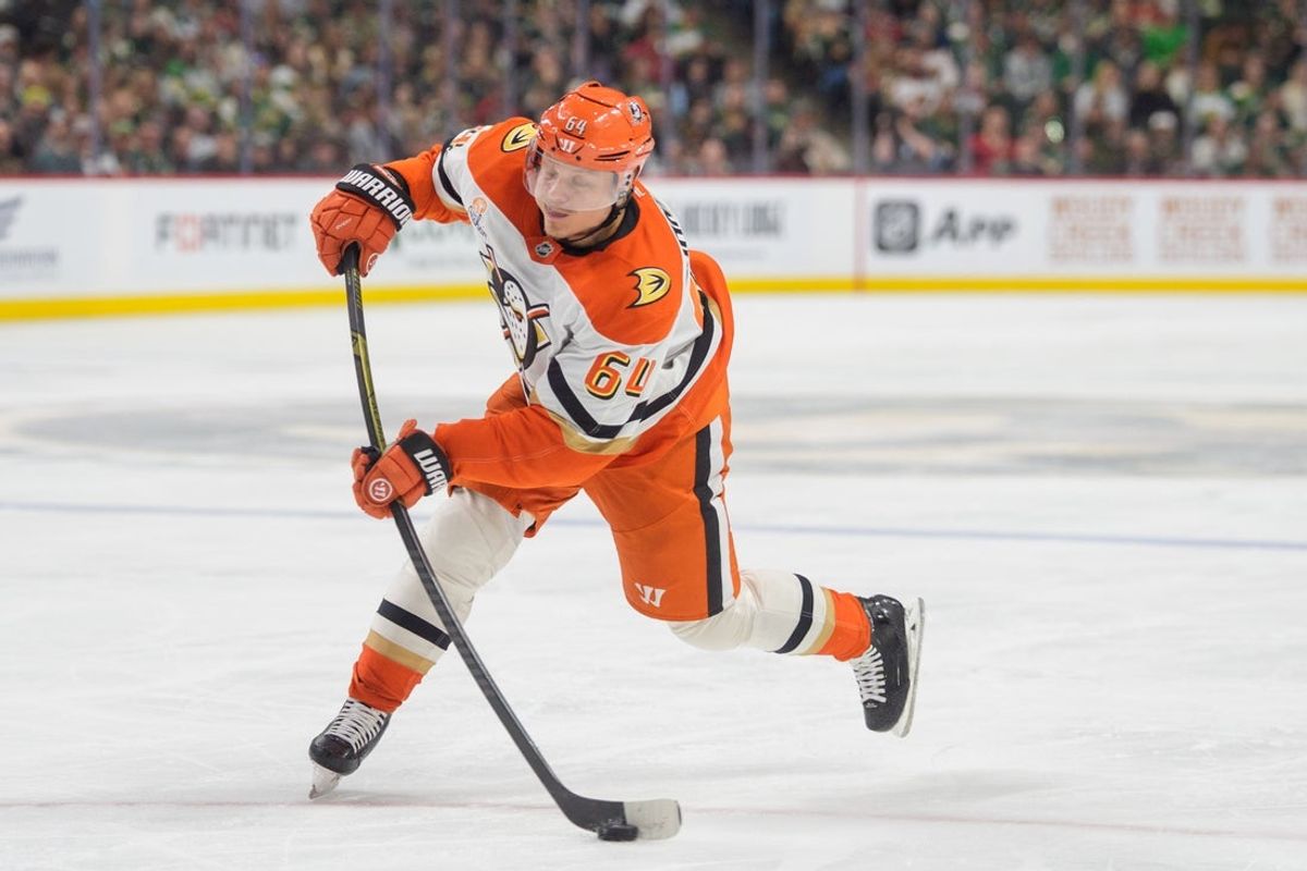 Apr 14, 2026; Saint Paul, Minnesota, USA; Anaheim Ducks center Mikael Granlund (64) shoots against the Minnesota Wild in the third period at Grand Casino Arena. Mandatory Credit: Matt Blewett-Imagn Images