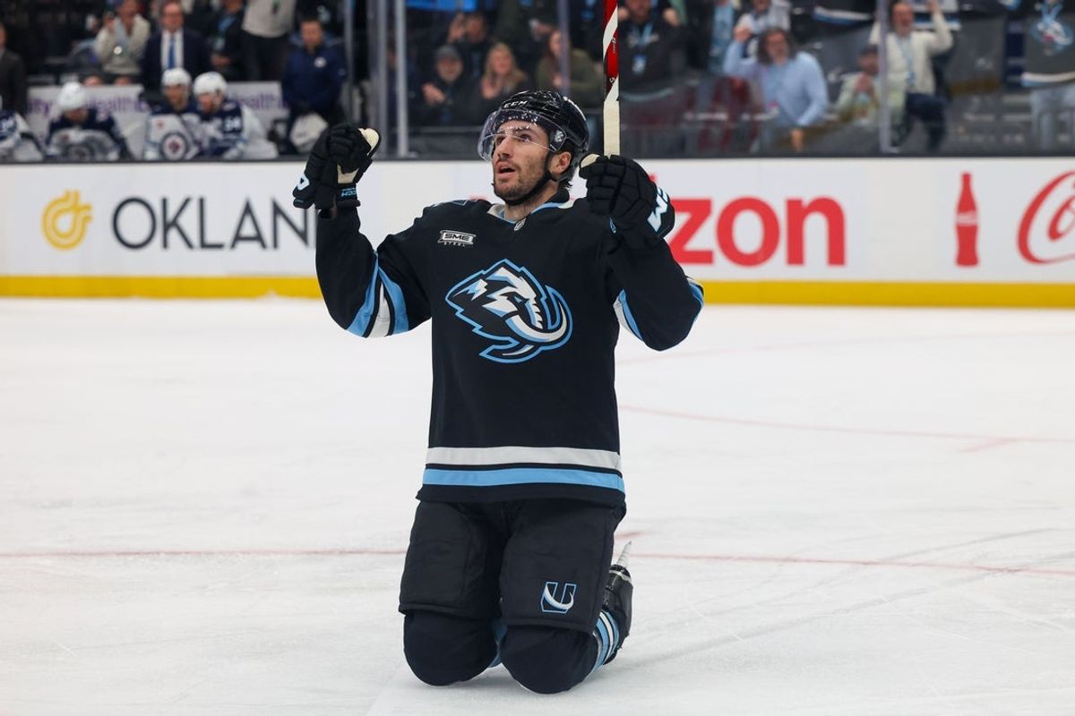 Apr 14, 2026; Salt Lake City, Utah, USA; Utah Mammoth center Nick Schmaltz (8) celebrates after scoring a goal against the Winnipeg Jets during the third period at Delta Center. Mandatory Credit: Rob Gray-Imagn Images