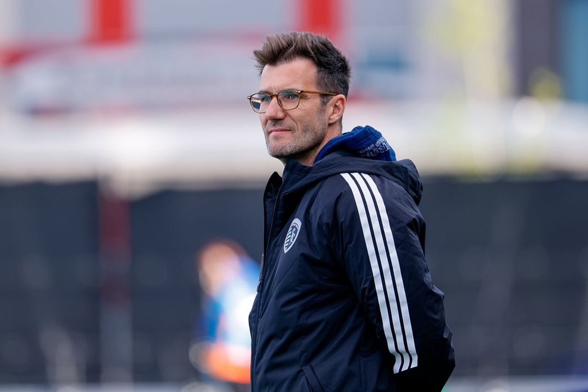 Apr 14, 2026; Colorado Springs, CO, USA; Sporting Kansas City head coach Raphael Wicky looks on in the first half against the Colorado Springs Switchbacks FC during the US Open Cup at Weidner Field. Mandatory Credit: Isaiah J. Downing-Imagn Images