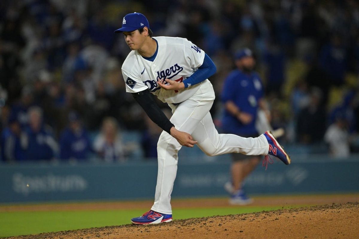 Apr 14, 2026; Los Angeles, California, USA;  Los Angeles Dodgers two-way player Shohei Ohtani (17) steps on to the mound after the game against the New York Mets at Dodger Stadium. Mandatory Credit: Jayne Kamin-Oncea-Imagn Images