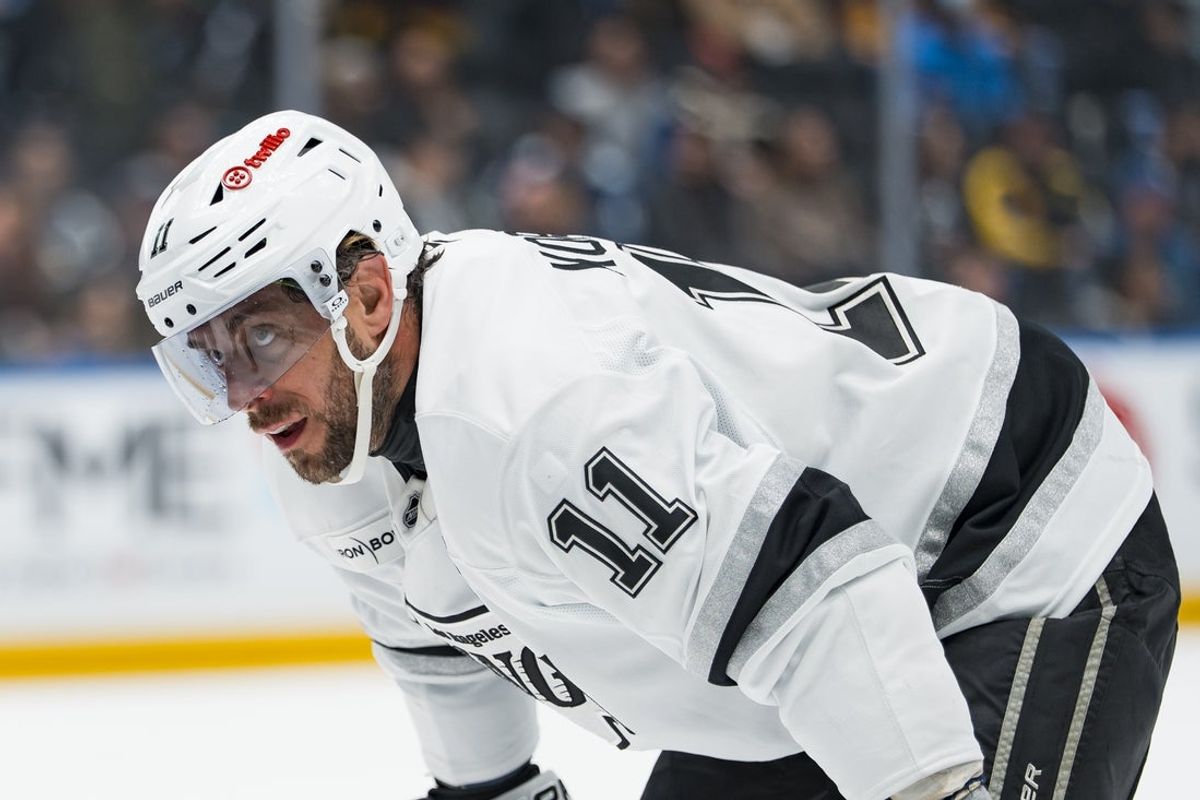 Apr 14, 2026; Vancouver, British Columbia, CAN; Los Angeles Kings forward Anze Kopitar (11) during a stop in play against the Vancouver Canucks in the first period at Rogers Arena. Mandatory Credit: Bob Frid-Imagn Images