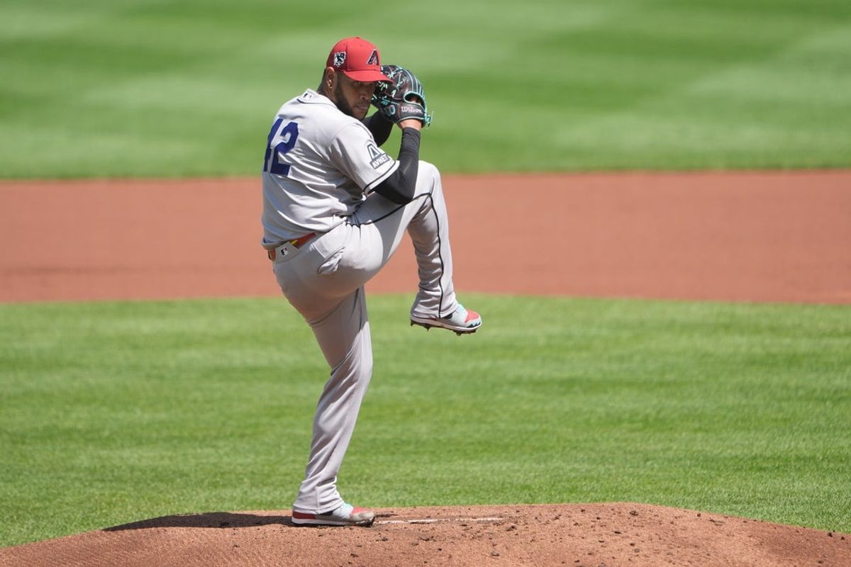 Apr 15, 2026; Baltimore, Maryland, USA; Arizona Diamondbacks pitcher Eduardo Rodriguez delivers a pitch against the Baltimore Orioles during the first inning at Oriole Park at Camden Yards. Mandatory Credit: Gregory Fisher-Imagn Images