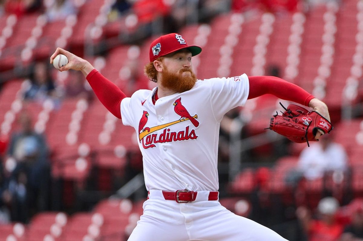Apr 15, 2026; St. Louis, Missouri, USA; St. Louis Cardinals starting pitcher Dustin May (3) pitches against the Cleveland Guardians during the first inning at Busch Stadium. Players and coaches are wearing number 42 in recognition of Jackie Robinson Day. Mandatory Credit: Jeff Curry-Imagn Images