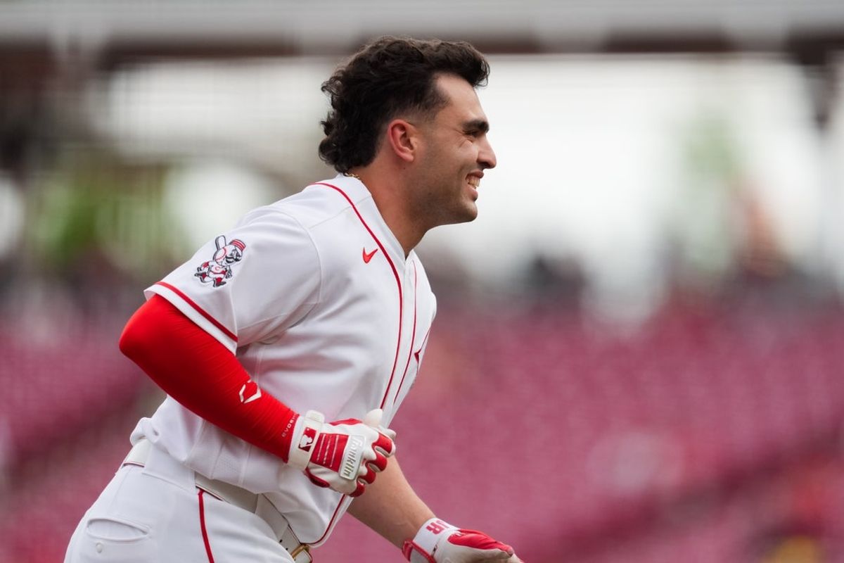 Apr 15, 2026; Cincinnati, Ohio, USA;  Cincinnati Reds third baseman Sal Stewart runs the bases after hitting a three-run home run against the San Francisco Giants in the first inning at Great American Ball Park. Players and coaches will wear No. 42 in honor of Jackie Robinson Day around the league. Mandatory Credit: Aaron Doster-Imagn Images