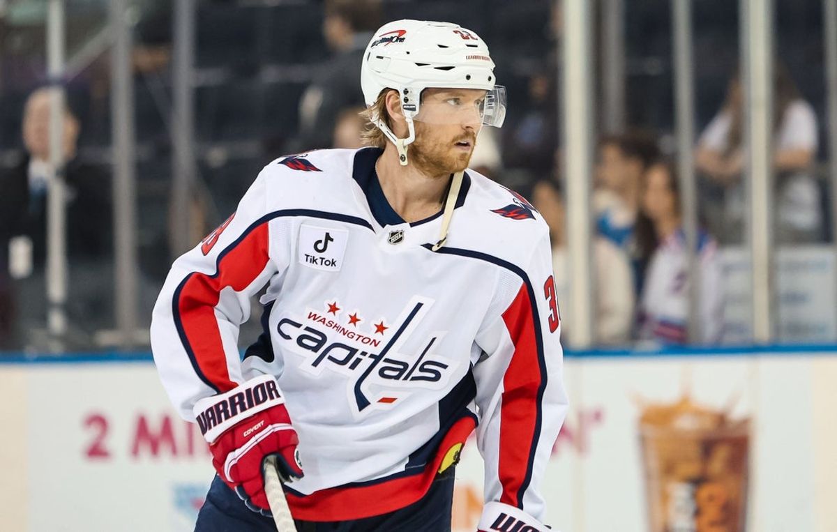Apr 5, 2026; New York, New York, USA; Washington Capitals defenseman Rasmus Sandin (38) warms up before the first period against the New York Rangers at Madison Square Garden. Mandatory Credit: Danny Wild-Imagn Images