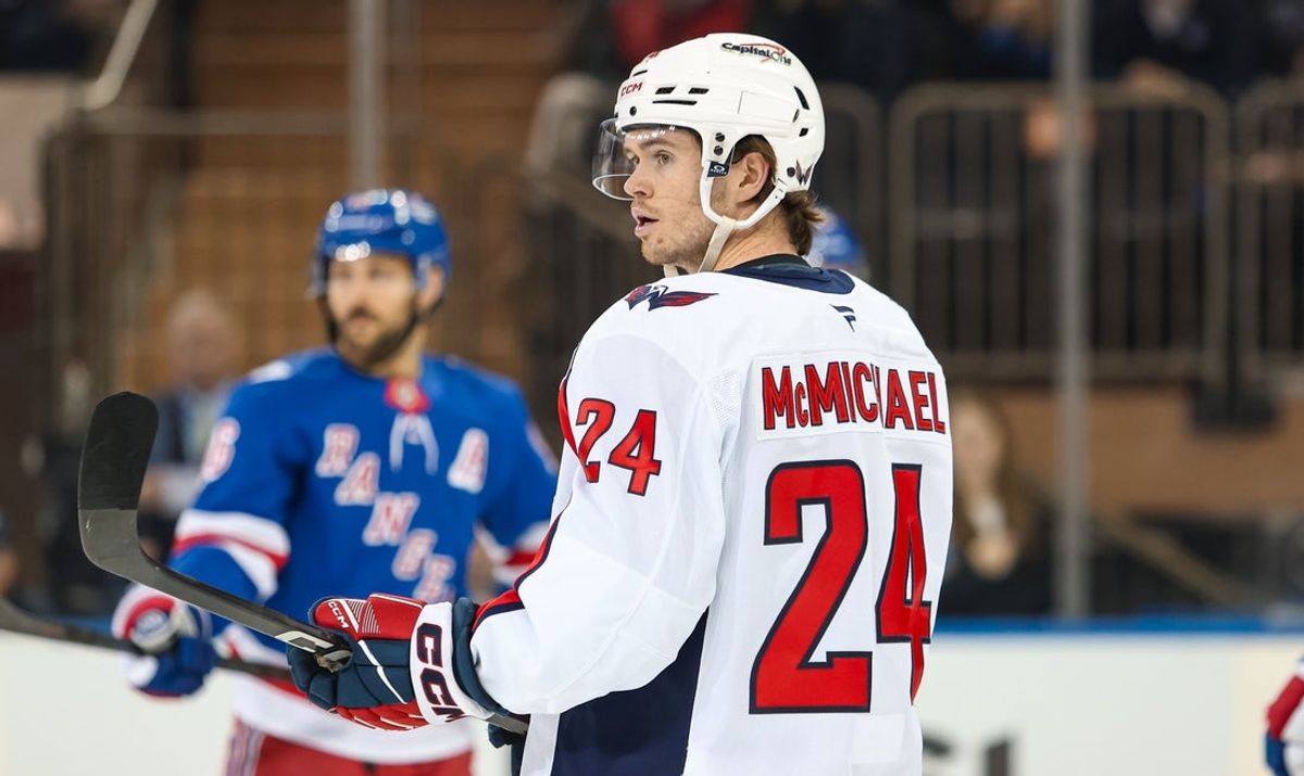 Apr 5, 2026; New York, New York, USA; Washington Capitals left wing Connor McMichael (24) skates against the New York Rangers during the first period at Madison Square Garden. Mandatory Credit: Danny Wild-Imagn Images