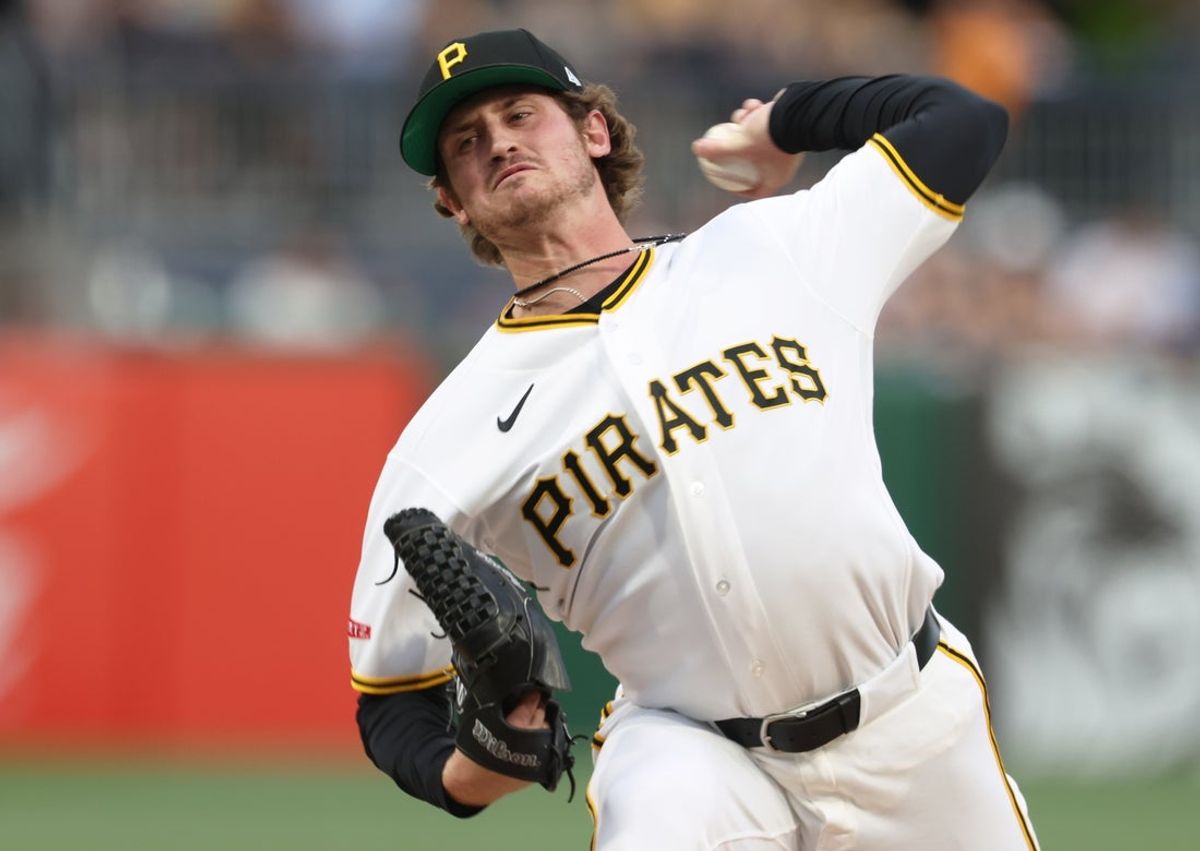 Apr 15, 2026; Pittsburgh, Pennsylvania, USA;  Pittsburgh Pirates starting pitcher Mason Montgomery (46) delivers a pitch against the Washington Nationals during the first inning at PNC Park. Mandatory Credit: Charles LeClaire-Imagn Images