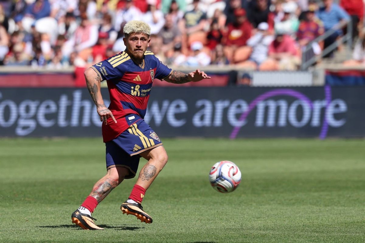Apr 4, 2026; Sandy, Utah, USA; Real Salt Lake midfielder Diego Luna (10) looks for a play against Sporting Kansas City during the first half at America First Field. Mandatory Credit: Rob Gray-Imagn Images