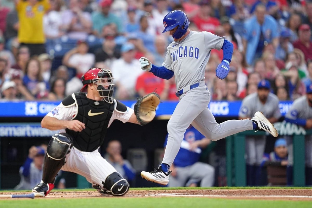 Apr 15, 2026; Philadelphia, Pennsylvania, USA; Chicago Cubs infielder Matt Shaw (42) advances home to score against the Philadelphia Phillies in the third inning at Citizens Bank Park. Mandatory Credit: Kyle Ross-Imagn Images