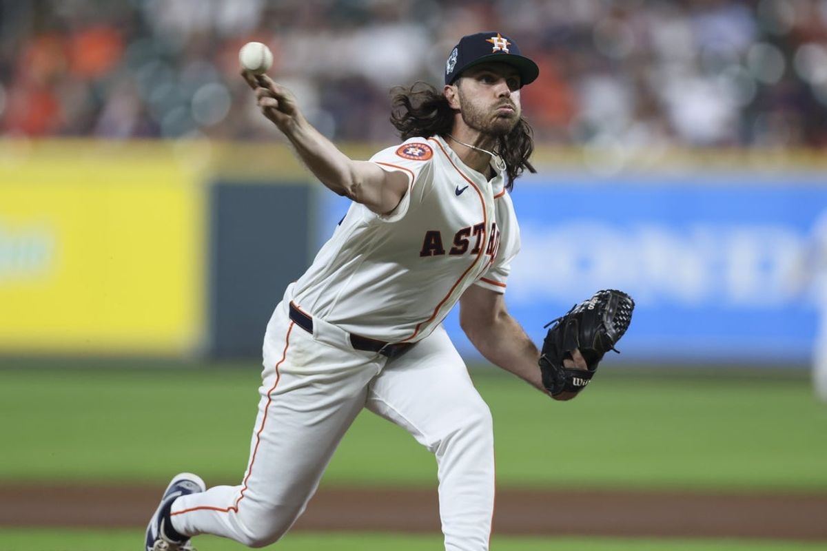 Apr 15, 2026; Houston, Texas, USA; Houston Astros starting pitcher Spencer Arrighetti delivers a pitch during the second inning against the Colorado Rockies at Daikin Park. Mandatory Credit: Troy Taormina-Imagn Images