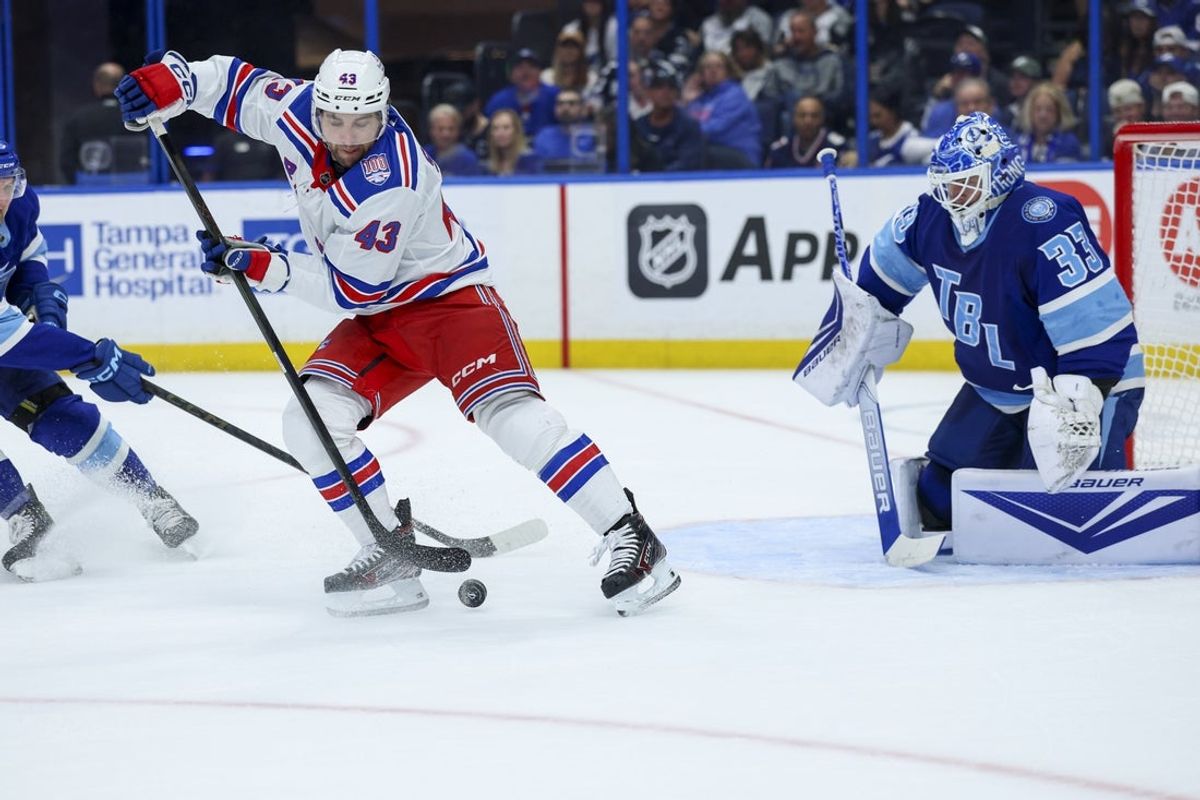Apr 15, 2026; Tampa, Florida, USA; New York Rangers left wing Conor Sheary (43) shoots the puck against the Tampa Bay Lightning in the second period at Benchmark International Arena. Mandatory Credit: Nathan Ray Seebeck-Imagn Images