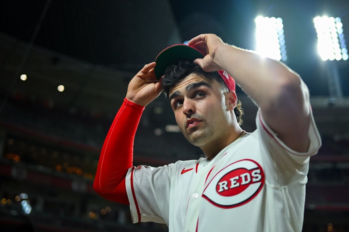 Apr 15, 2026; Cincinnati, Ohio, USA;  Cincinnati Reds third baseman Sal Stewart walks off the field after his team’s win against the San Francisco Giants at Great American Ball Park. Players and coaches will wear No. 42 in honor of Jackie Robinson Day around the league. Mandatory Credit: Aaron Doster-Imagn Images
