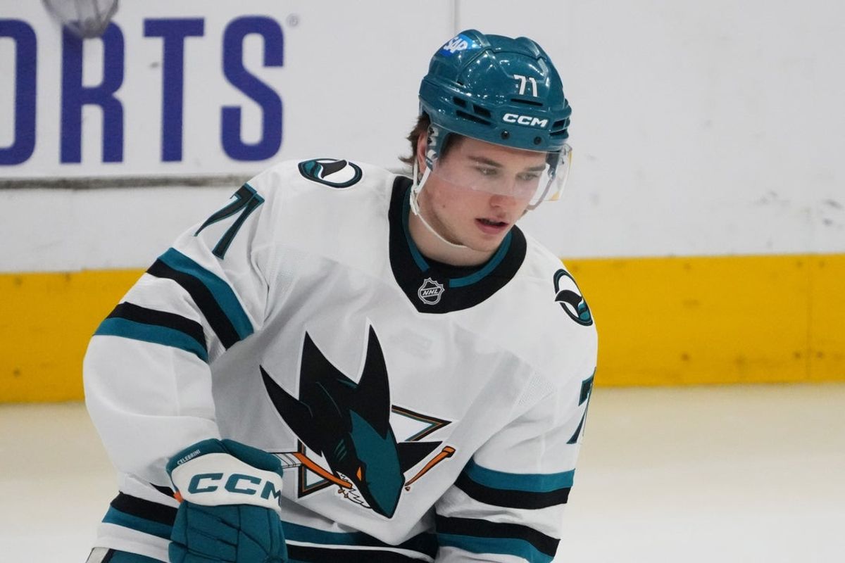 Apr 15, 2026; Chicago, Illinois, USA; San Jose Sharks center Macklin Celebrini (71) warms up before a game against the Chicago Blackhawks at United Center. Mandatory Credit: David Banks-Imagn Images