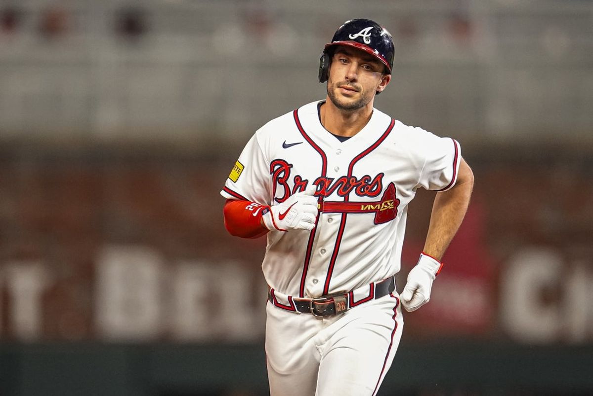 Apr 15, 2026; Cumberland, Georgia, USA; Atlanta Braves first baseman Matt Olson (28) reacts as he runs after hitting a home run against the Miami Marlins during the seventh inning at Truist Park. All players are wearing number 42 today in honor of Jackie Robinson. Mandatory Credit: Dale Zanine-Imagn Images