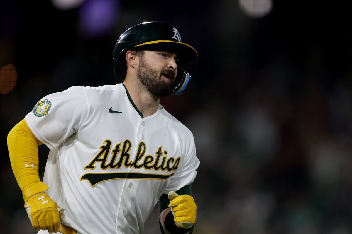 Apr 15, 2026; West Sacramento, California, USA; Athletics catcher Shea Langeliers (23) rounds first base after hitting a two-run home run against the Texas Rangers during the sixth inning at Sutter Health Park. Mandatory Credit: Dennis Lee-Imagn Images
