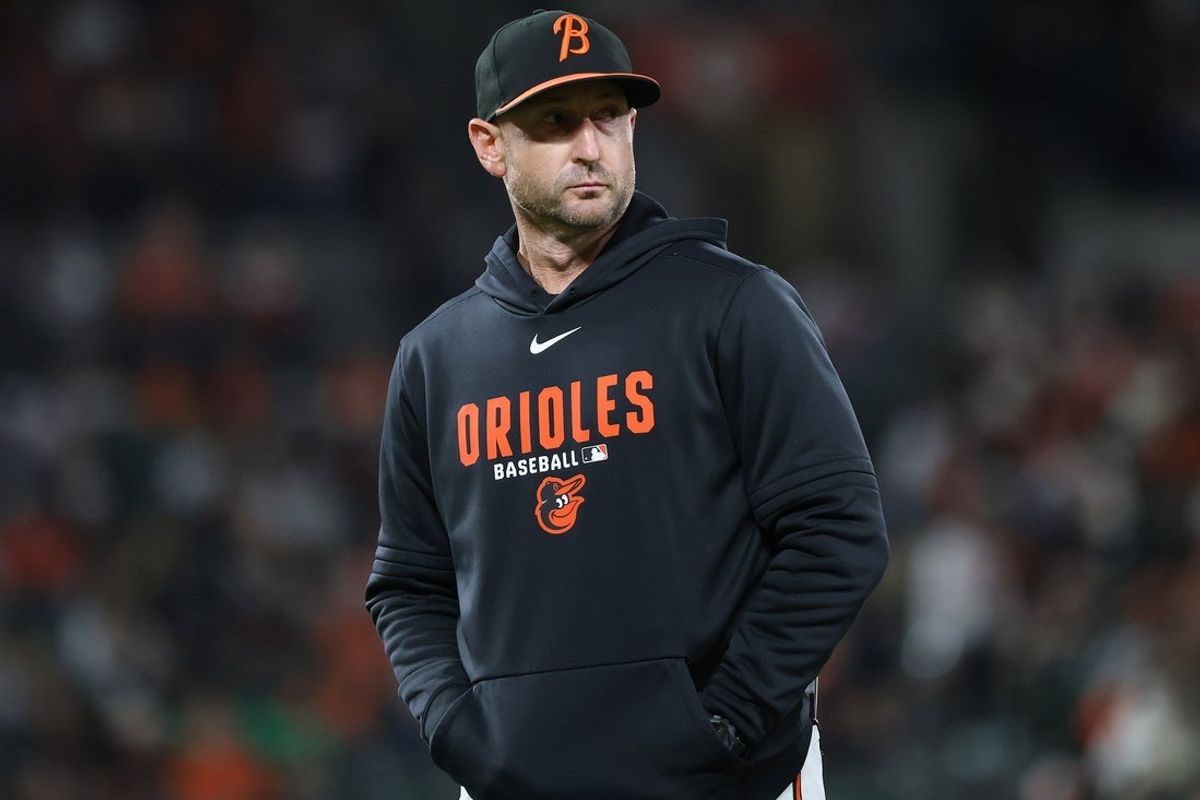 Apr 11, 2026; Baltimore, Maryland, USA; Baltimore Orioles manager Craig Albernaz  looks on during the fourth inning against the San Francisco Giants at Oriole Park at Camden Yards. Mandatory Credit: Daniel Kucin Jr.-Imagn Images