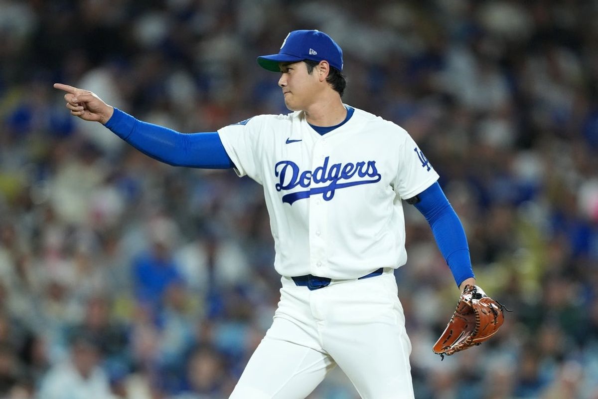 Apr 15, 2026; Los Angeles, California, USA; Los Angeles Dodgers pitcher Shohei Ohtani reacts in the sixth inning against the New York Mets at Dodger Stadium. Mandatory Credit: Kirby Lee-Imagn Images