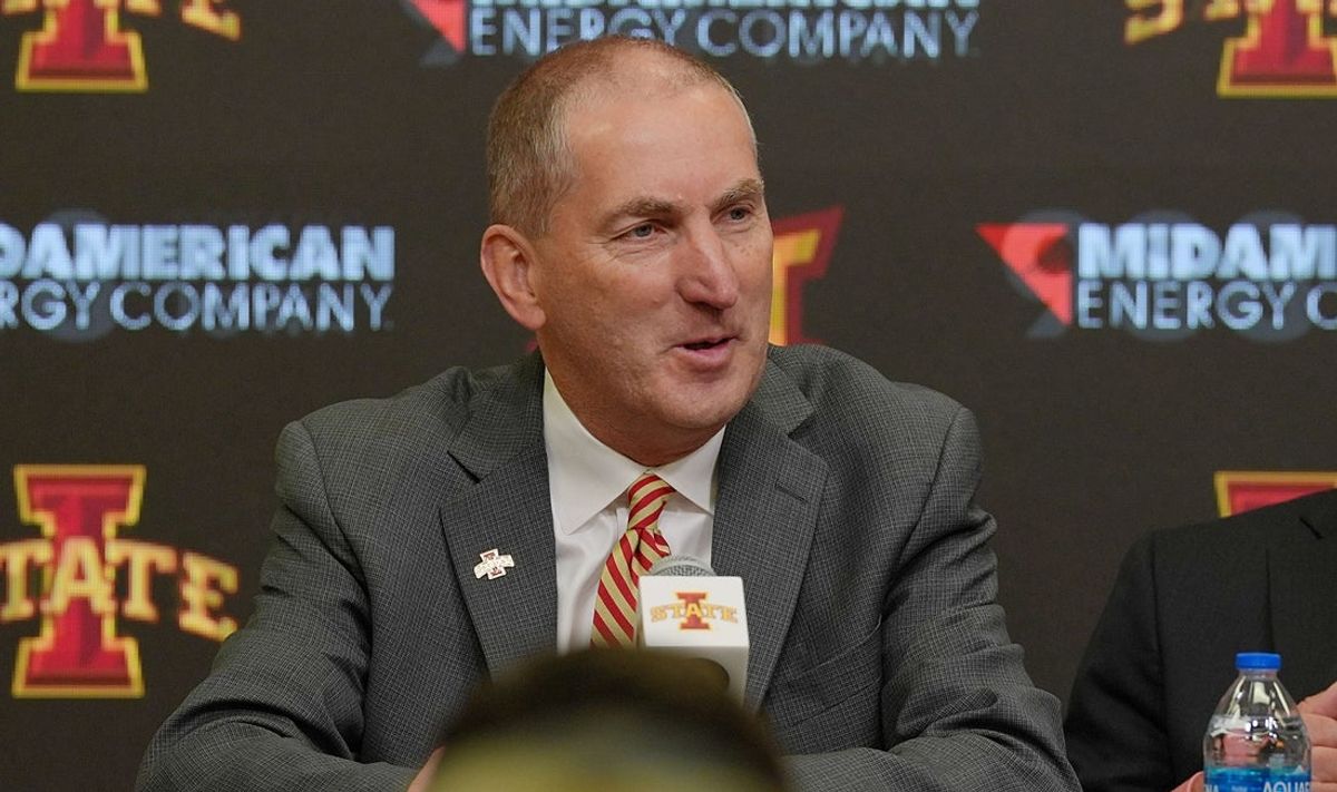 Iowa State athletic director Jamie Pollard announces Iowa State women’s wrestling program and new head coaches for men’s and women’s wrestling coaches during a press conference at Hilton Coliseum on April. 16, 2026, in Ames, Iowa