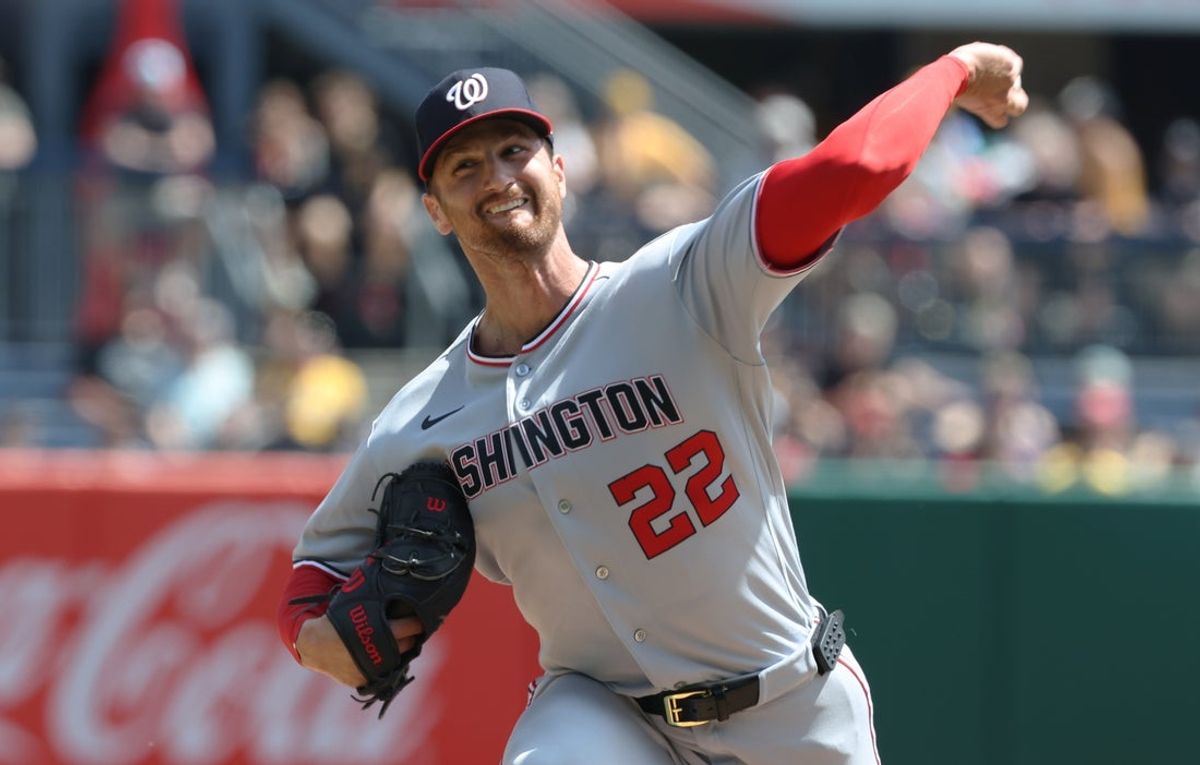 Apr 16, 2026; Pittsburgh, Pennsylvania, USA;  Washington Nationals starting pitcher Foster Griffin (22) delivers a pitch against the Pittsburgh Pirates during the first inning at PNC Park. Mandatory Credit: Charles LeClaire-Imagn Images