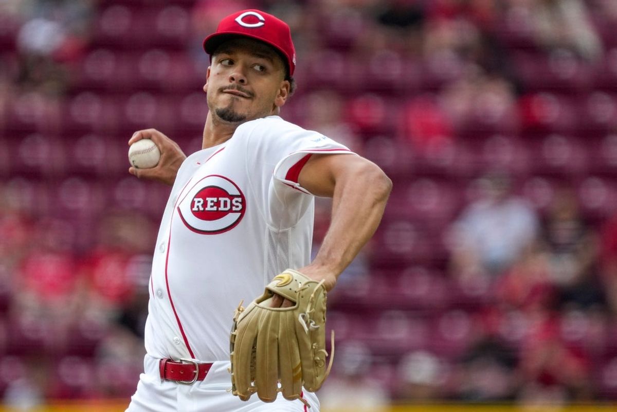 Cincinnati Reds pitcher Chase Burns (26) throws a pitch in the third inning of the MLB National League game between the Cincinnati Reds and the San Francisco Giants at Great American Ball Park on Thursday, April 16, 2026.
