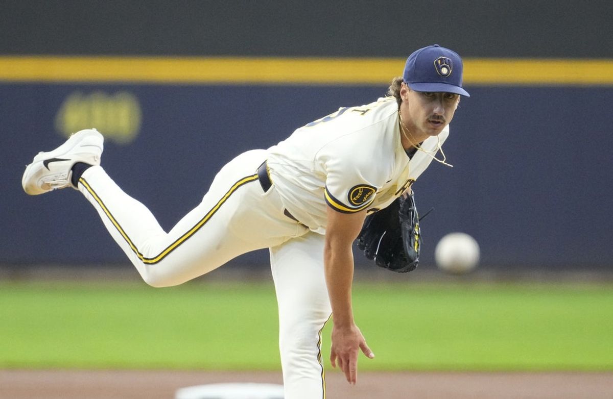 Apr 16, 2026; Milwaukee, Wisconsin, USA; Milwaukee Brewers starting pitcher Brandon Sproat (23) delivers  a pitch against the Toronto Blue Jays in the first inning at American Family Field. Mandatory Credit: Michael McLoone-Imagn Images