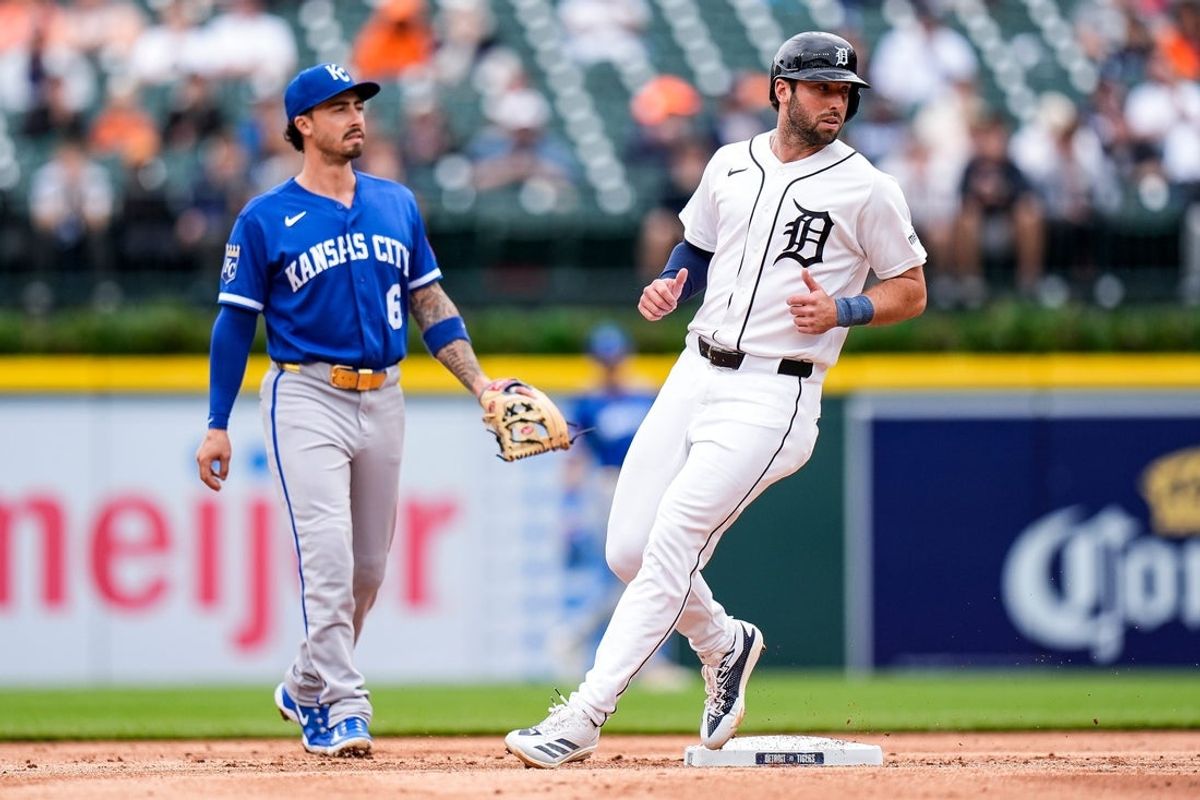 Detroit Tigers center fielder Matt Vierling (8) walks to second base after a Kansas City Royals wild pitch during the second inning at Comerica Park in Detroit on Thursday, April 16, 2026.