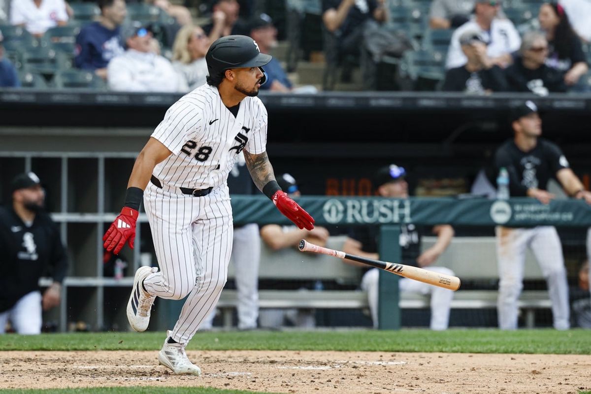 Apr 16, 2026; Chicago, Illinois, USA; Chicago White Sox right fielder Everson Pereira (28) watches his solo home run against the Tampa Bay Rays during the eight inning at Rate Field. Mandatory Credit: Kamil Krzaczynski-Imagn Images
