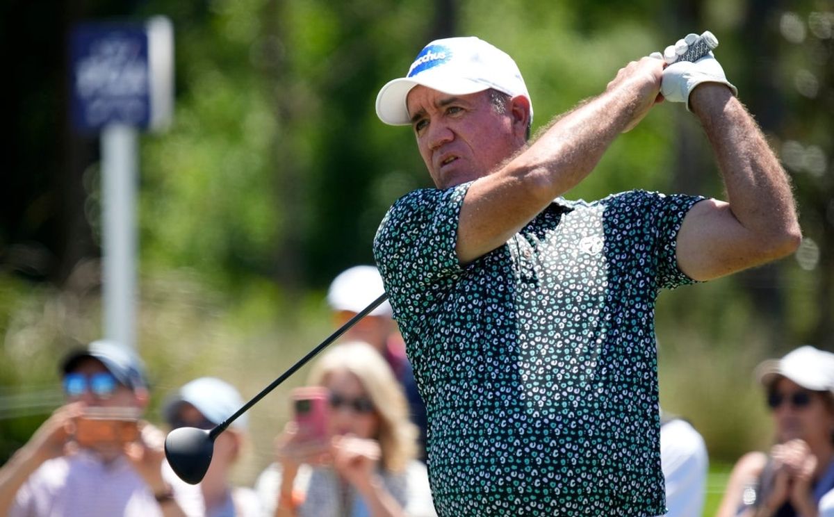 Scott Hend from Australia watches his tee shot on the 10th hole. The first round of the 2026 Senior PGA Championship was held Thursday, April 16, 2026 at The Concession Golf Club in Bradenton, Florida.
