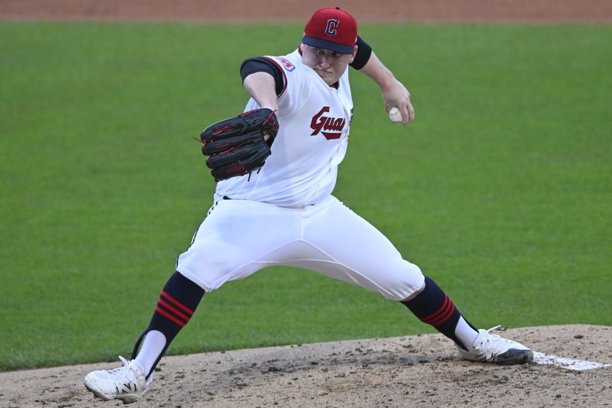 Apr 16, 2026; Cleveland, Ohio, USA; Cleveland Guardians starting pitcher Parker Messick (77) delivers a pitch in the third inning against the Baltimore Orioles at Progressive Field. Mandatory Credit: David Richard-Imagn Images