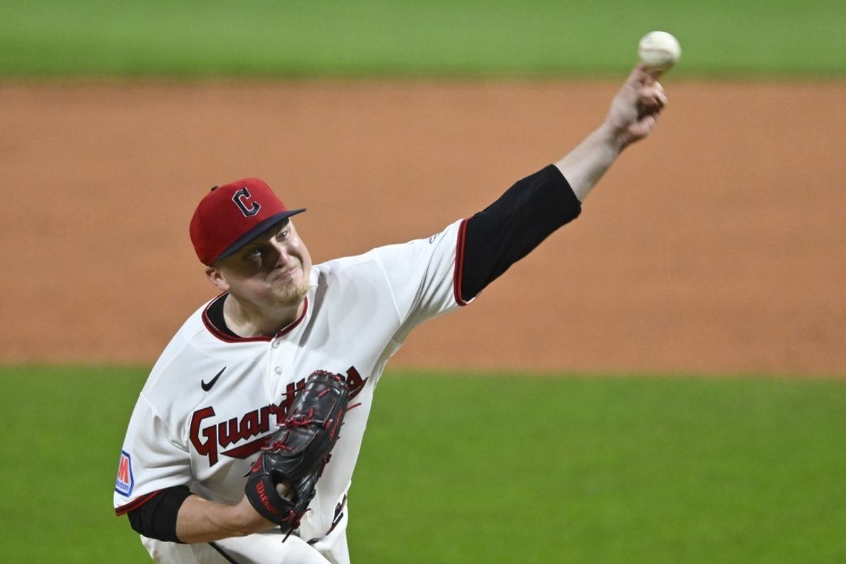 Apr 16, 2026; Cleveland, Ohio, USA; Cleveland Guardians starting pitcher Parker Messick (77) delivers a pitch in the ninth inning against the Baltimore Orioles cat Progressive Field. Mandatory Credit: David Richard-Imagn Images